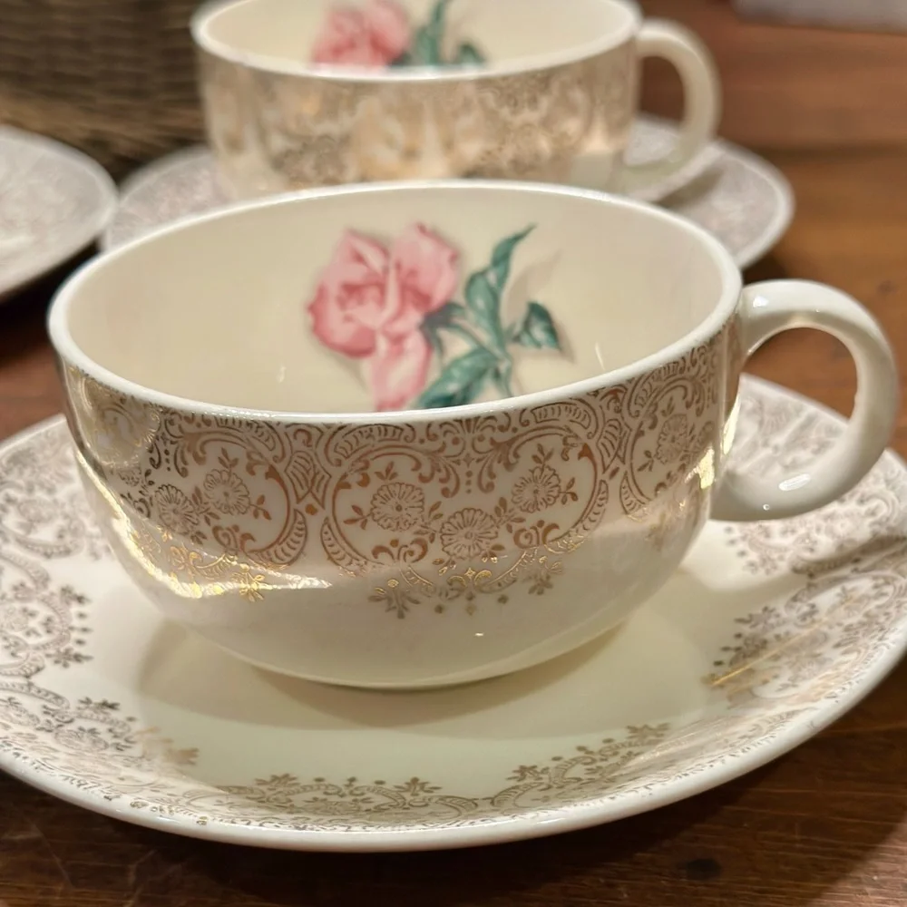4 Liberty Gold Cup and Saucer Sets by Iva Lure Delmar Rose Crooksville USA